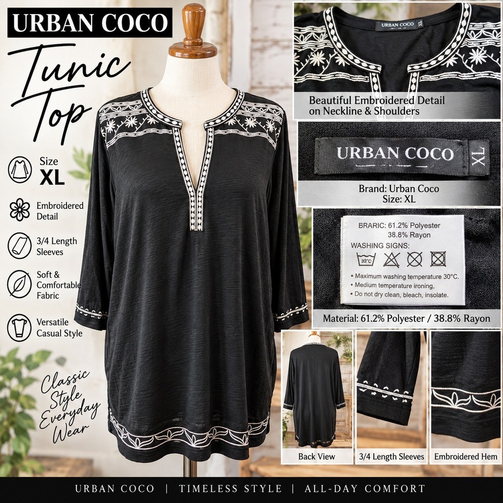 Urban Coco Tunic Top XL Black Embroidered 3/4 Sleeve Slub Knit Boho Casual